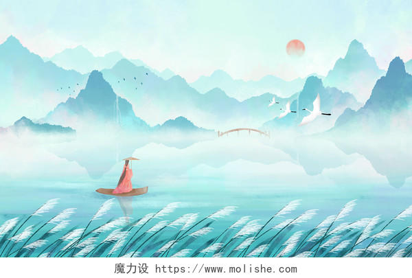 白露插画手绘古风秋天山水风景写意背景芦苇丛人物乘船节气